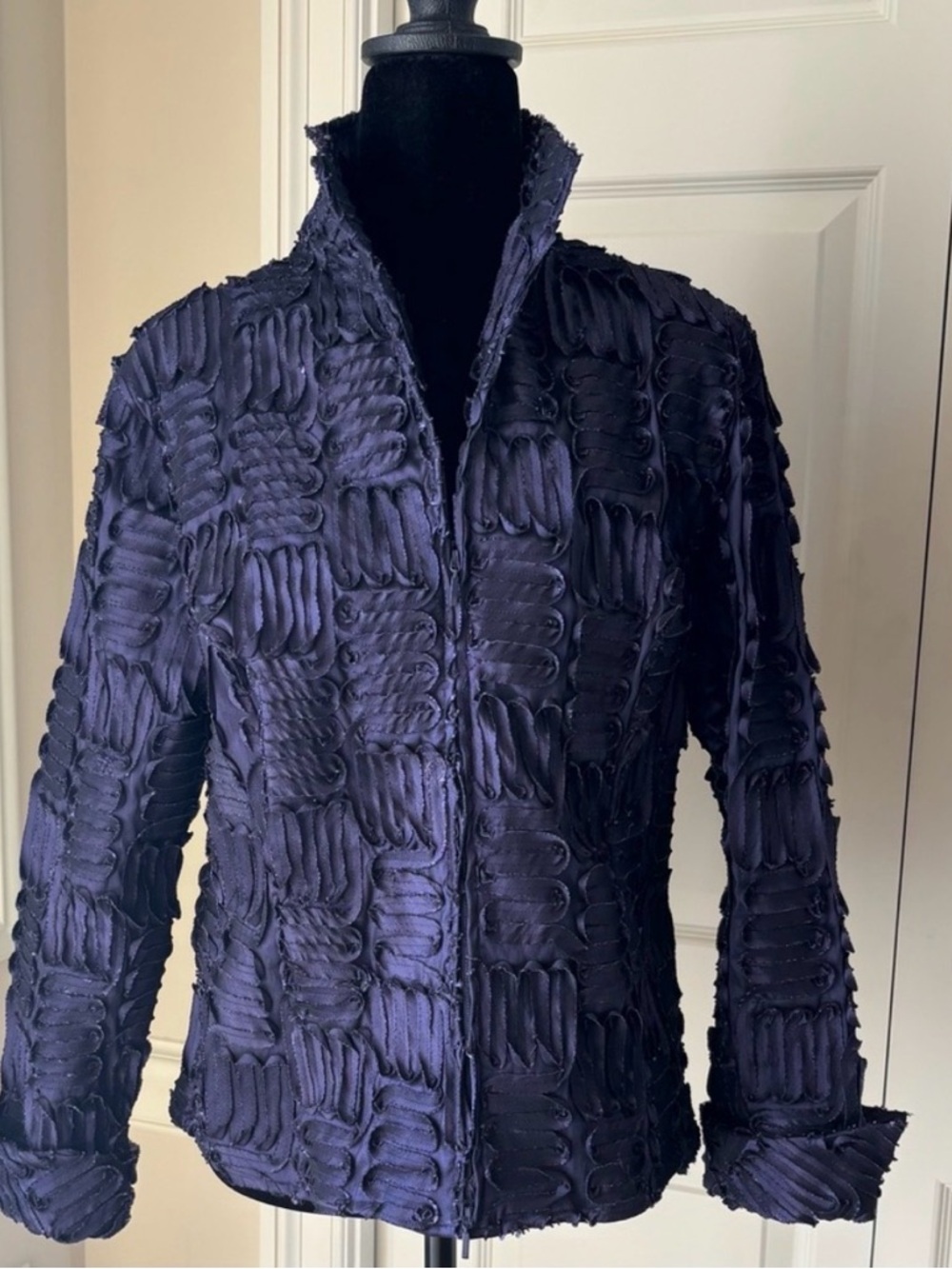 Samuel Dong Lagenlook 3D Ribbon Texture Jacket Avant Garde Purple Navy Large MOG - Picture 2 of 13
